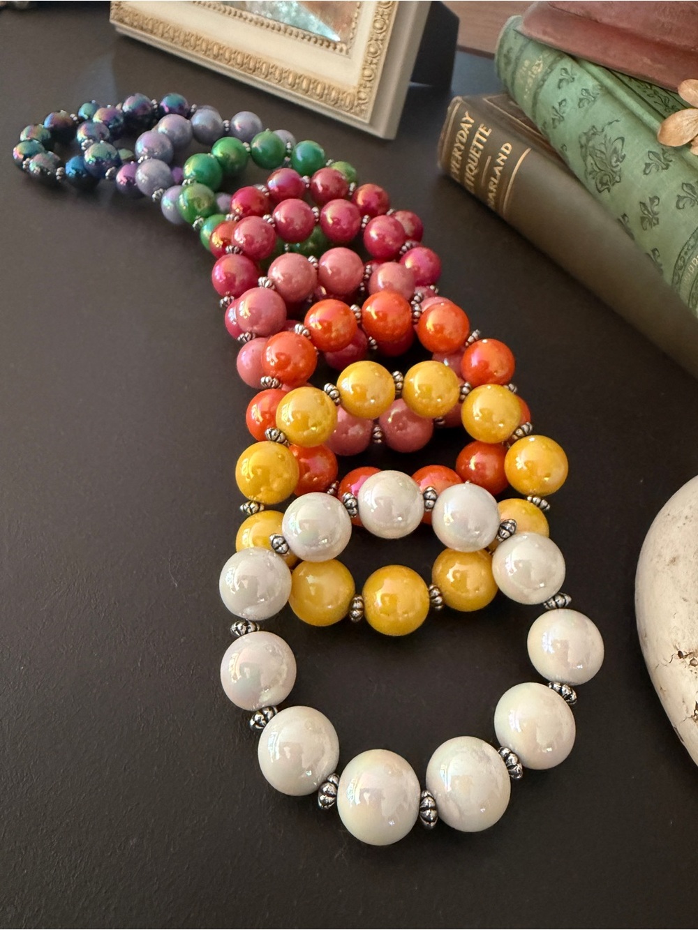 Set of 10 Rainbow Stretch Bead Bracelets l Chunky Glossy Acrylic Beads